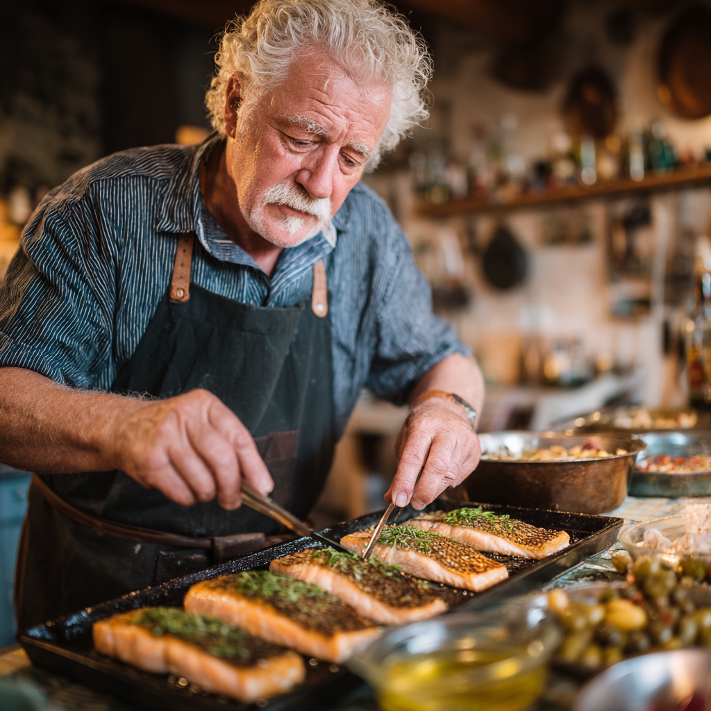 Літня пара готує здорову їжу разом